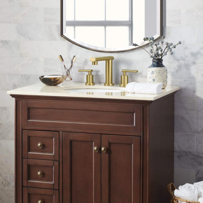 Brushed Gold 3-Hole Low-Arch 8 Inch Widespread Bathroom Faucet, Vanity Sink Faucet With Metal Pop Up Drain Assembly And Water Supply Lines For Lavatory