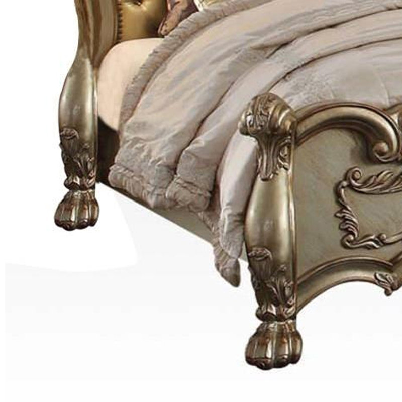 Grand lit à panneau en bois Taille avec tête de lit rembourrée et capitonnée, crème et doré