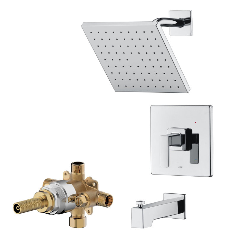Rift Collection Shower System: 8" Square Rain Shower Head, Tub Spout, & Rough-in Valve Included - Chrome Polished