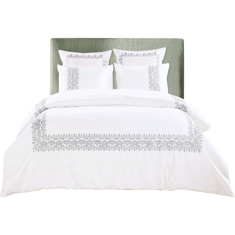 Frankton Embroidered Cotton Traditional 3 Piece Duvet Cover Set, King, Gray/White