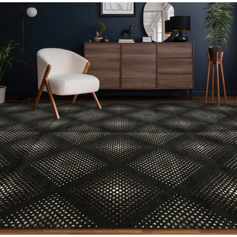 Wool Geometric Area Rug in Black