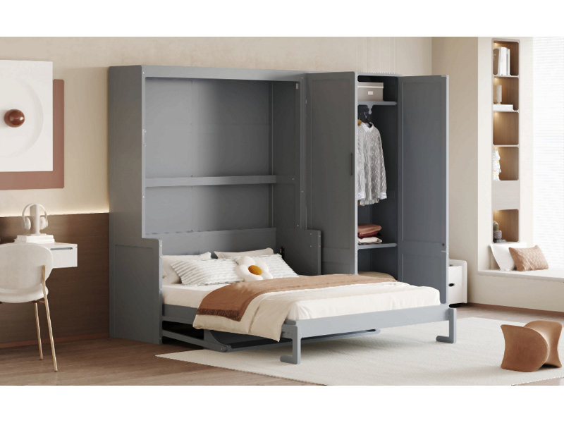Grand lit escamotable mural avec placard, Gris