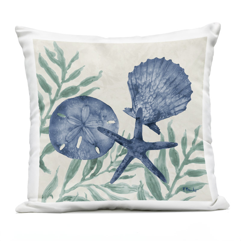 Conception de coussin d'extérieur à imprimé coquillages maritime par Paul Brent, Coquillages bleus, Carré 18 po