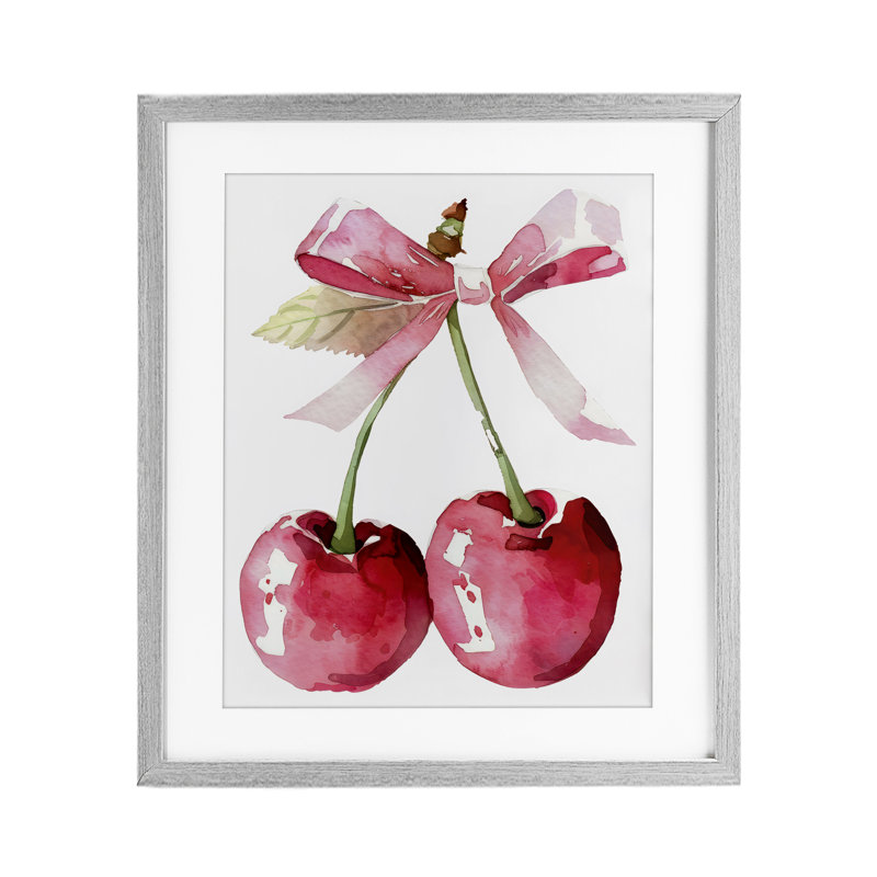 «Cherries with Chic Pink Bow», reproduction imprimée sous verre, design by Creative Studio, Cadre de ferme gris