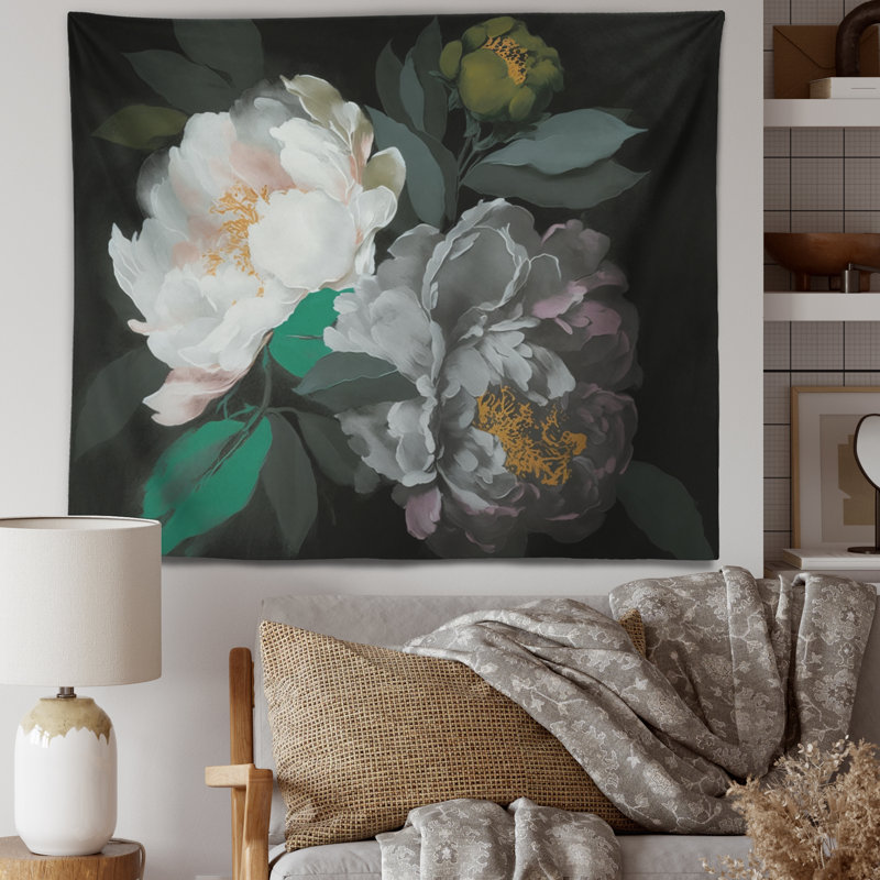 Tapisserie en polyester avec pivoines blanches, H 50 po x l 60 po