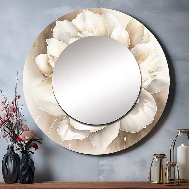 Grayton Single Beige Flower II - Floral Unique Wall Mirror, Beige Round Mirror, Printed Metal Art, 36" x 36"
