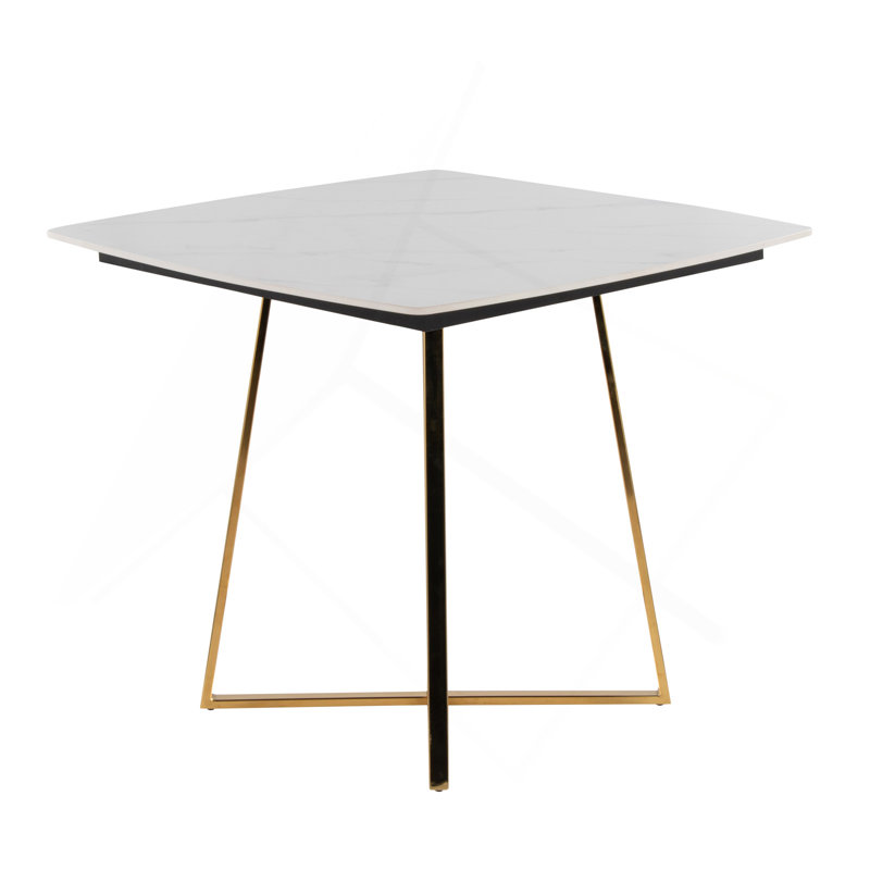 Table de salle à manger avec base en métal et bois noir avec plateau en céramique effet marbre blanc, Blanc/Noir