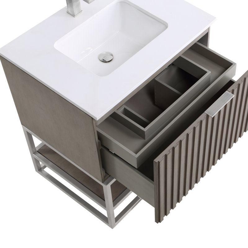 Terra 30'' Single Bathroom Vanity with Top, White Quartz/Single Faucet Mount, Cashmere Gray, Brushed Nickel