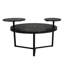 Table basse contemporaine avec deux tablettes, surface en faux marbre, base à trépied, bords arrondis, noir mat, style moderne et solide avec tablettes, surfaces, coins en métal pour trépied,