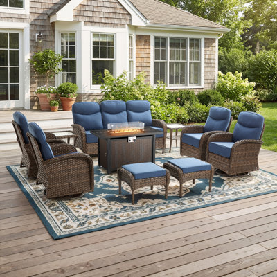 Ensemble de mobilier de jardin extérieur de 10 pièces avec table de foyer rectangulaire en métal et coussins de 6 po d'épaisseur