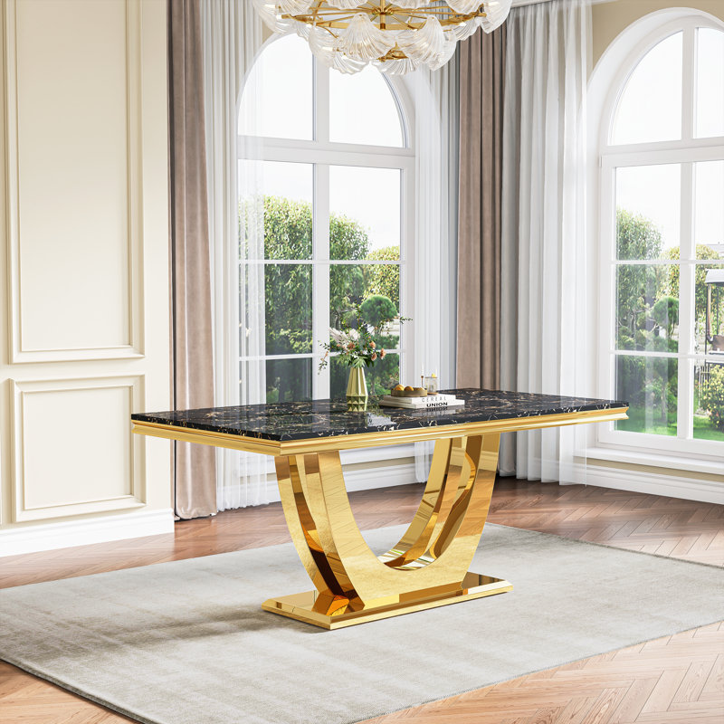 70.08" Luxury Rectangular Dining Table With Mirrored Double U-Base, Black, Gold