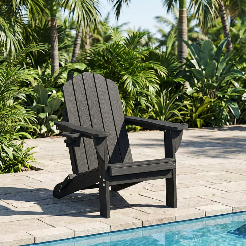 Dauji Oversize Wood Texture Adirondack Foldable Chair Weather-Resistant Fire Pit Chair, Black