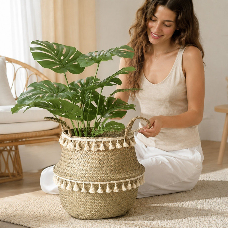 Étagère à papier en bois, panier tressé en jonc de mer avec pompon, cache-pot avec poignées, style bohème, panier décoratif en osier pour plantes d'intérieur, décoration intérieure, 5 tailles