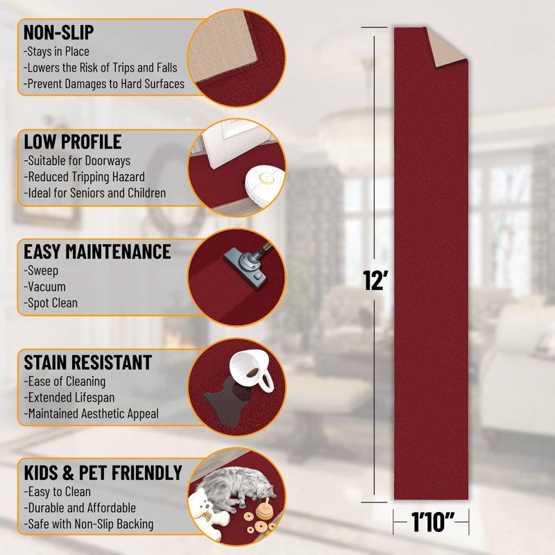 Ottohome Red Runner Rug, Runner 1'10" x 12', Red