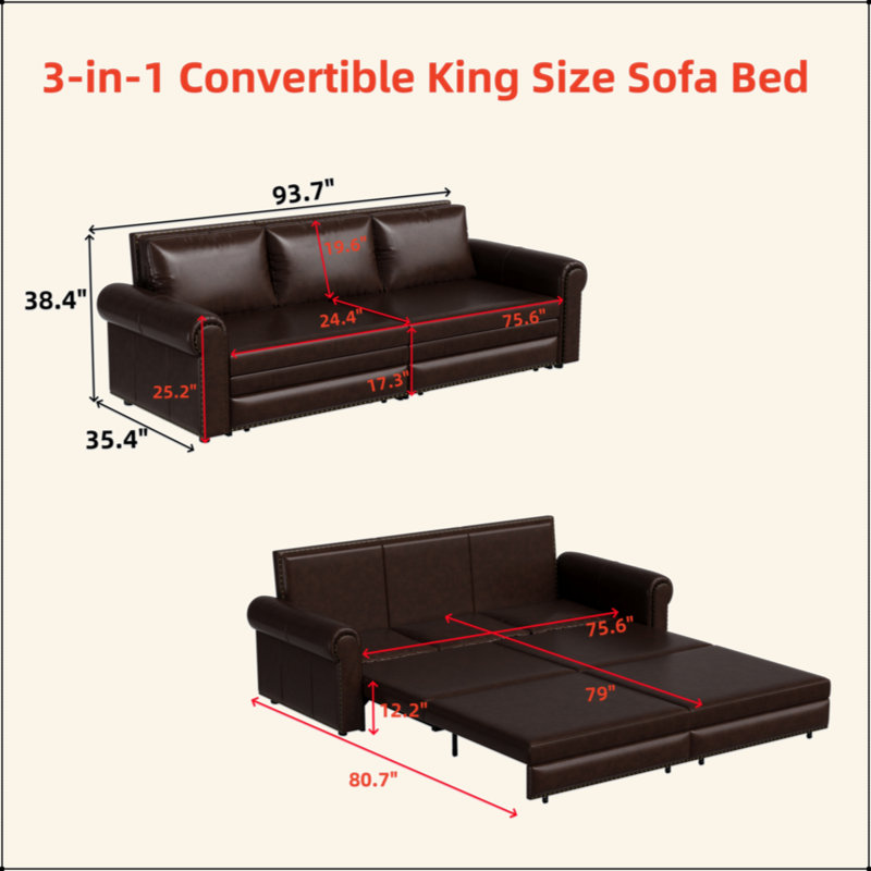 Chesterfield Sofa,93.7" King Pull Out Sofa Bed, 3-In-1 Faux Leather Convertible Sleeper Sofa With Nailhead Trim & Rolled Arm,Multi-Functional Sofa Bed For Living Room,Bedroom,Apartment,Office