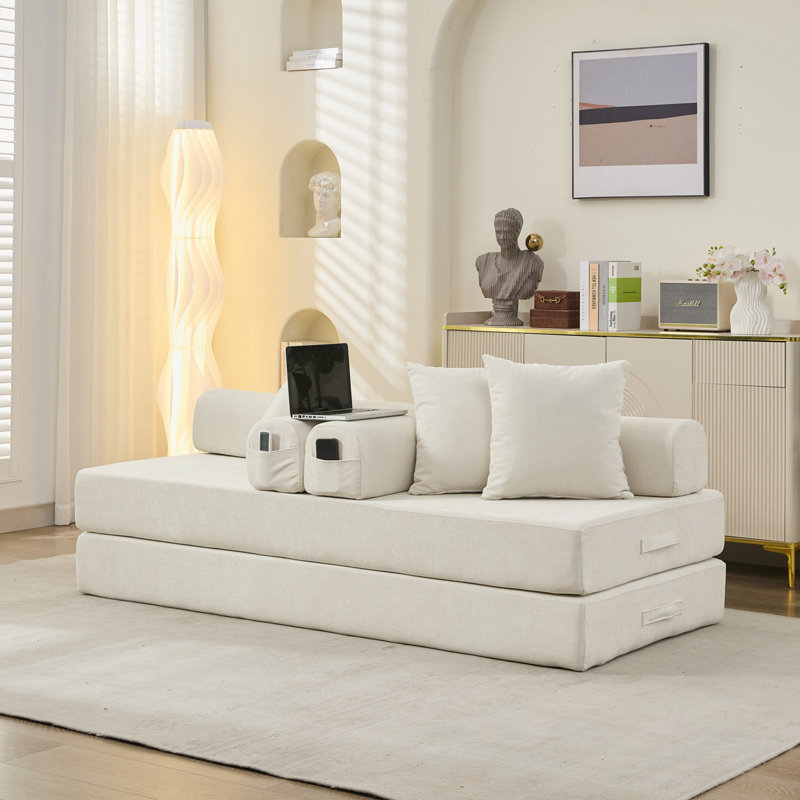 Boneless 78.8" W Convertible Folding Mattress Sofa, Chenille Floor Sofa Bed, Beige