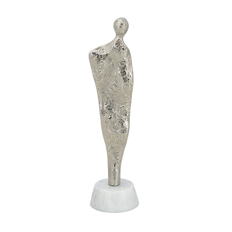 Abstract Aluminum Human Figurine on Marble Stand, Silver/White