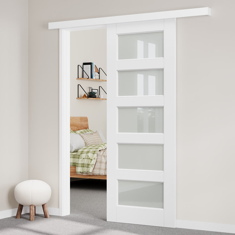 Porte de grange coulissante en verre givré avec apprêt caché 5-Lite Hidden Style, 36 po x 80 po, Standard