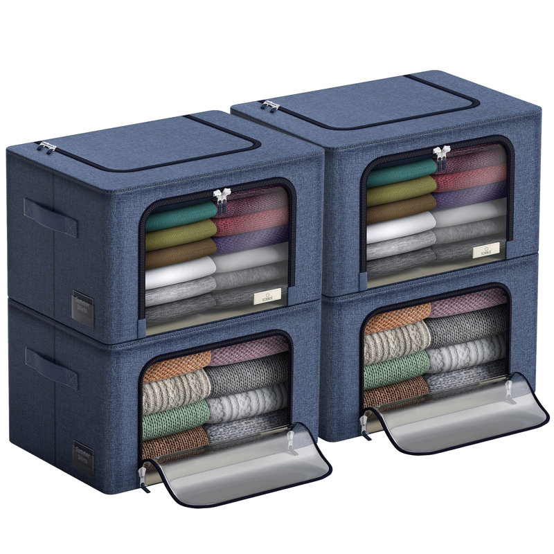 Medium Storage Box Foldable with Window & Handles 4 Pack, Navy Blue