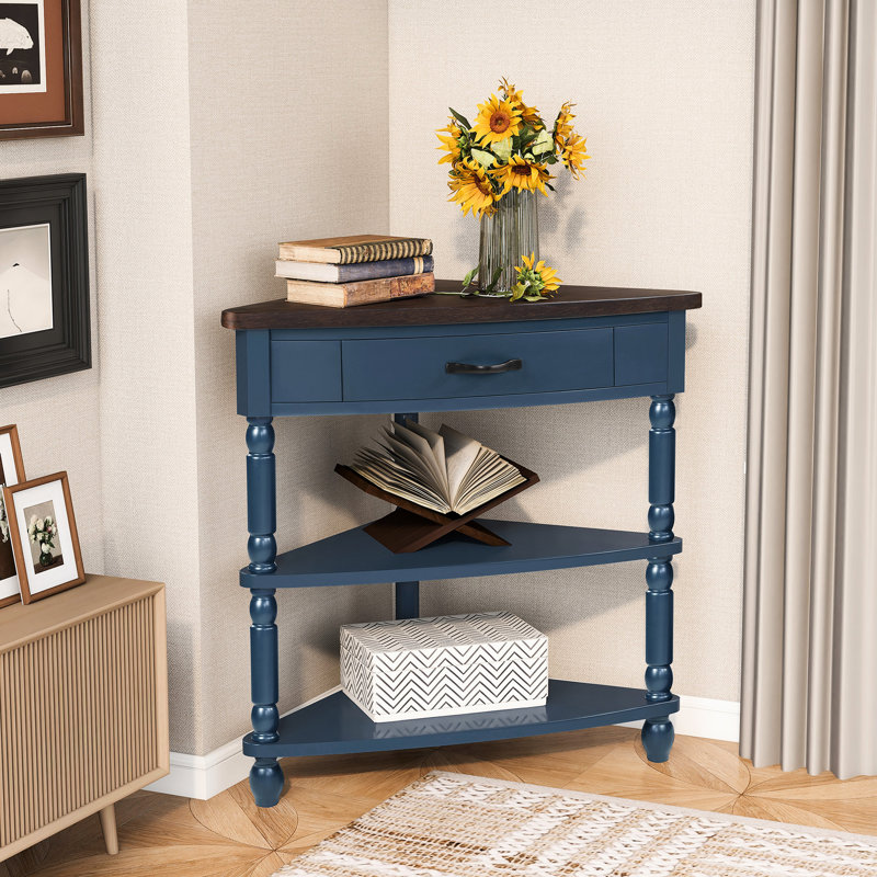 Table basse d'angle compacte à 3 niveaux avec pieds en bois massif, bleu marine / espresso pour les petits espaces