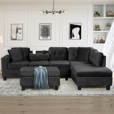 Canapé modulaire de 105 po avec repose-pieds avec rangement, canapé en L avec 2 coussins et porte-gobelets, canapé modulaire avec méridienne réversible pour le salon
