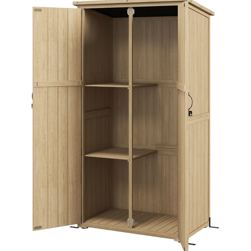 Wooden Garden Shed With Lockable Doors, Waterproof Roof And Shelves - Natural Wood Storage Cabinet For Gardening Tools Pool Supplies Doors & Shelves, Outdoor