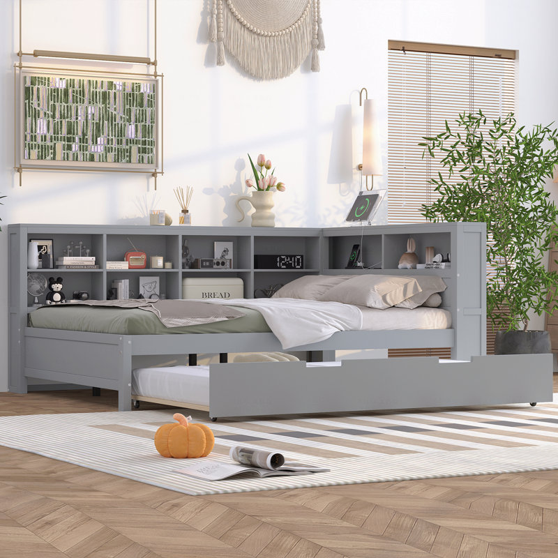 Lit de jour double en bois avec lit gigogne simple, lit de jour avec tablette de rangement et ports de chargement USB, Gris