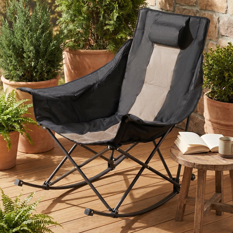 Chaise berçante de camping, chaise berçante pliante portative, fauteuil inclinable d'extérieur rembourré robuste avec porte-gobelet et poche