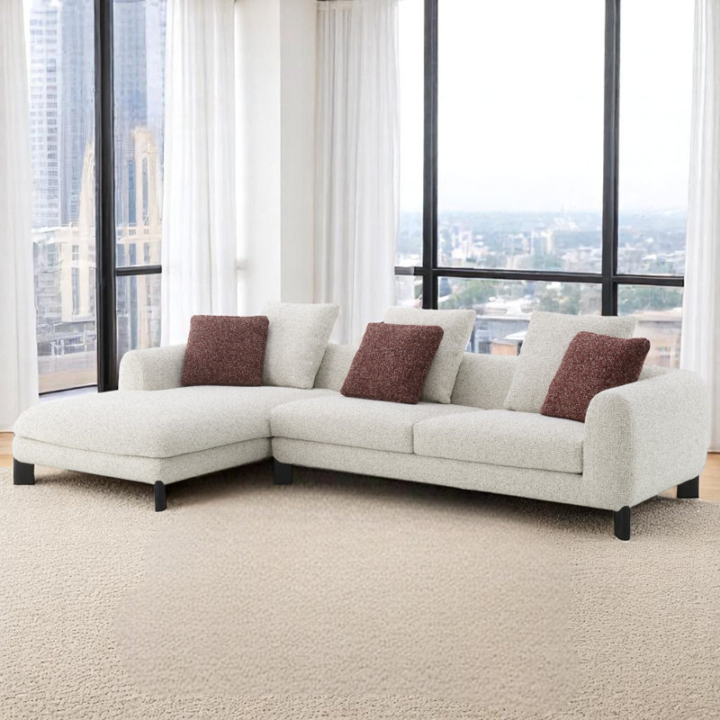Canapé modulaire moderne en tweed beige avec méridienne orientée vers la gauche - coussins marron et beige, pieds en métal noir