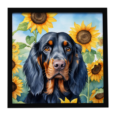 Gordon Setter in Sunflowers Framed Metal Print