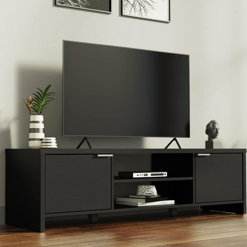 Meuble télé avec rangement et tablettes ouvertes, Noir, noir, noir, noir