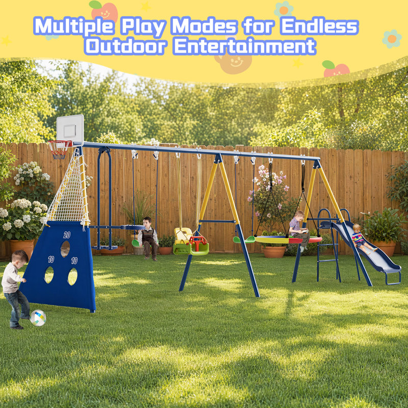 8-in-1 Kids Swing Set, Heavy-Duty Outdoor Backyard Playground Set with Slide, Basketball Hoop, Soccer Goal, Baby & Saucer Swings, Metal Playset for Children, Blue & Yellow