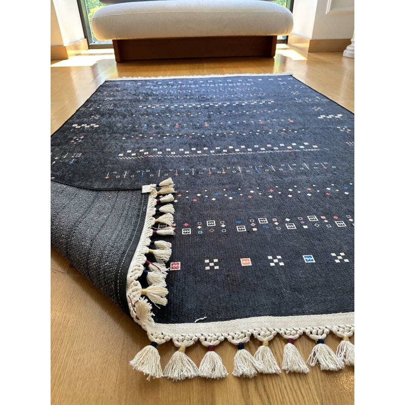 Coton imprimé marocain noir Toscana; Tapis chenille antidérapant, Rectangle 3 pi 11 po x 8 pi 2 po