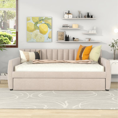 Lit de jour rembourré beige, lit gigogne et support en lattes de bois, confortable pour lit gigogne de divertissement à domicile, chambres d'amis idéales