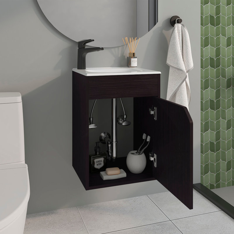 Meuble-lavabo de salle de bain avec lavabo, 1 porte, wengé noir, Noir