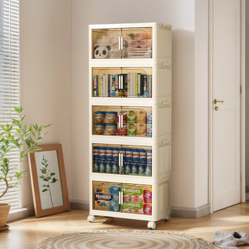 Bacs de rangement empilables et pliables avec couvercles et roulettes, Beige / transparent, 156