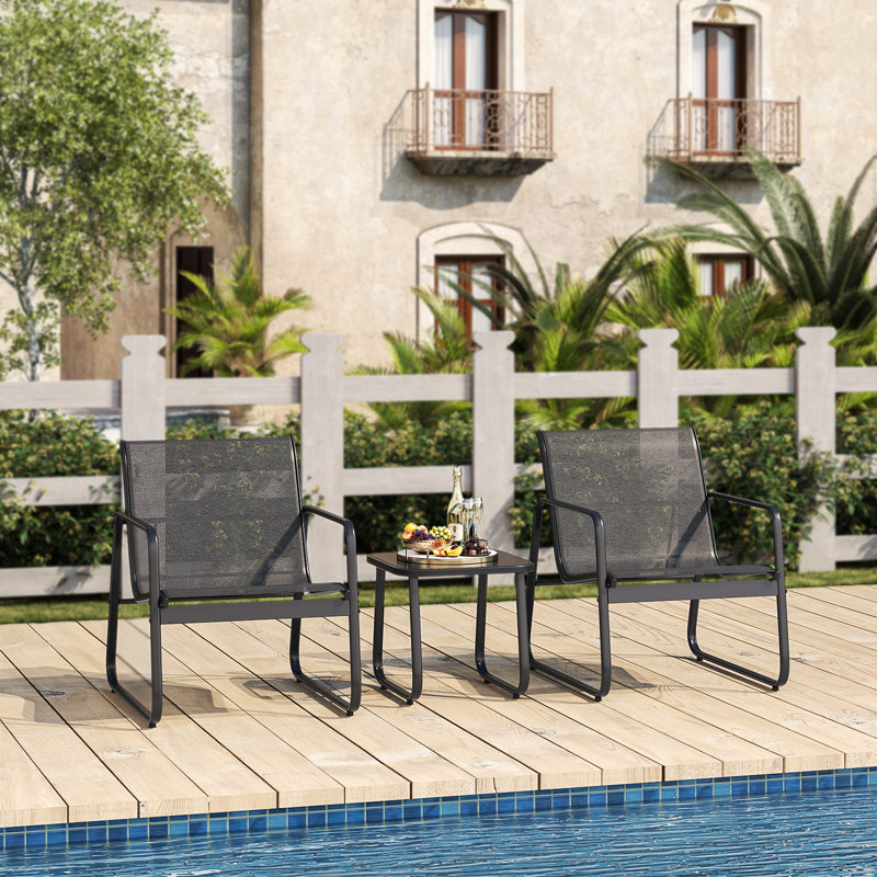 2 Person Outdoor Seating Set with Weather Resistant Frame and Durable Mesh Fabric 3 Piece Set, Black