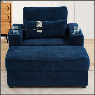 Méridienne de style moderne avec fauteuil et repose-pieds avec rangement, ports USB, porte-gobelets, porte-téléphone et poches latérales pour le salon