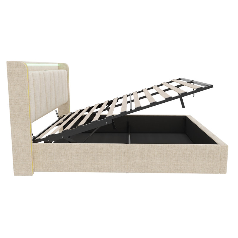 Upholstered Bed With Storage, Led And Usb Linen Beige, Kingsize (5')