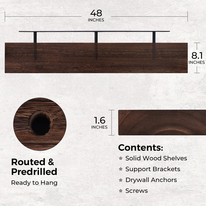 Avnish Solid Wood Floating Shelf, 1.6" H x 48" W x 8.1" D, Rustic Brown