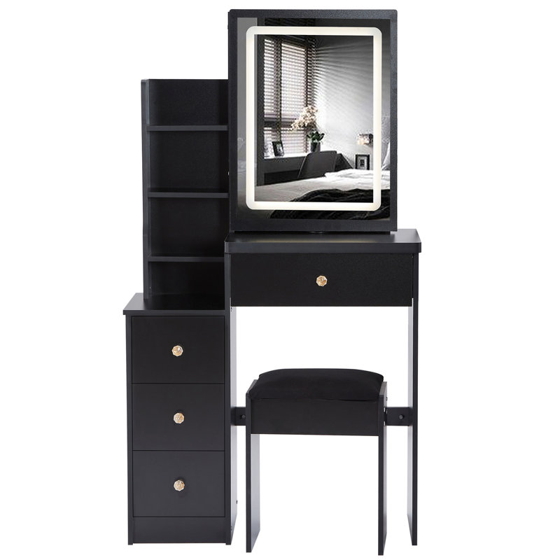 Table de coiffeuse avec tabouret rembourré Ray, Noir, noir, noir, noir