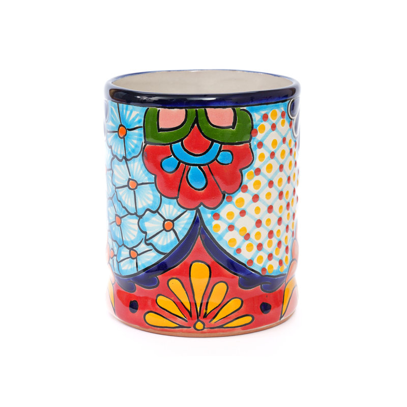Pot à ustensiles en céramique mexicain Talavera, Cobalt