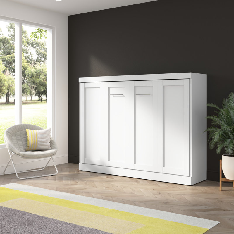 80W Premium Full Horizontal Murphy Bed In White, White, Full