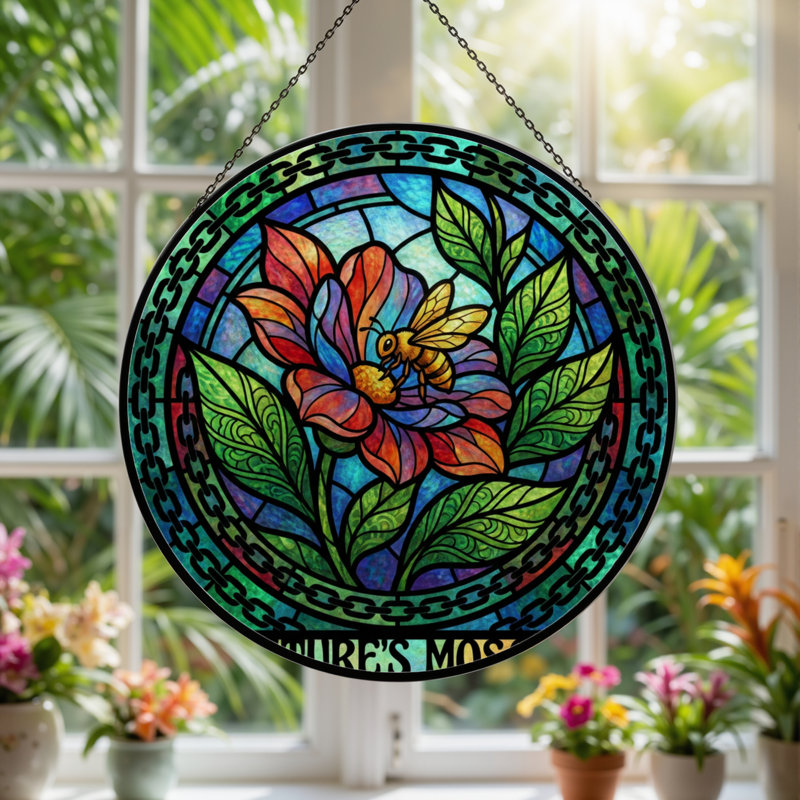Panneau de vitrail à abeille floral 7,8 po H, H 7,8 po x l 7,8 po