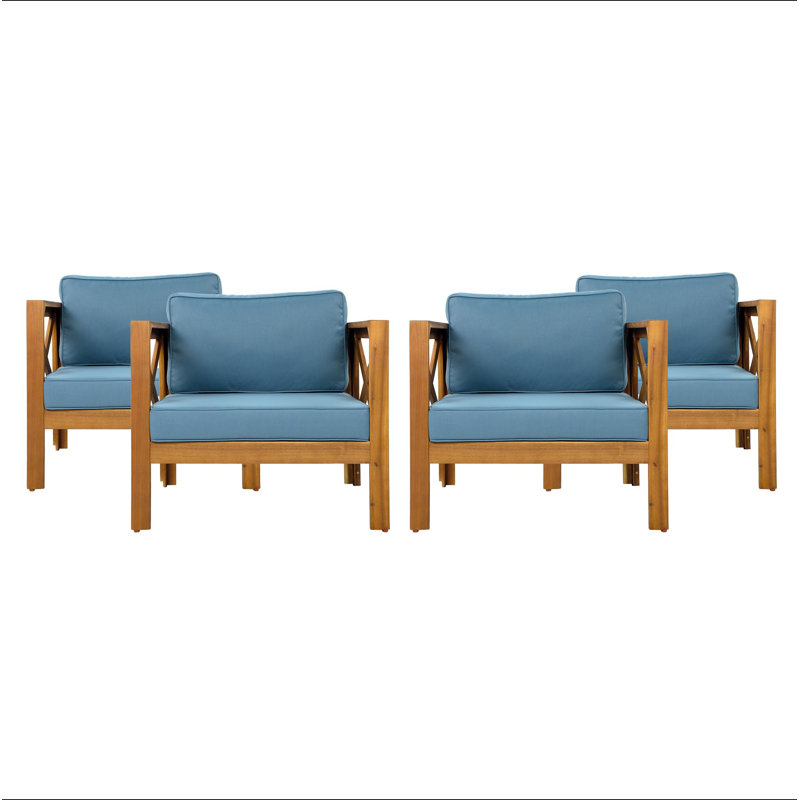 Fauteuil club d'extérieur en bois d'acacia avec coussins (ensemble de 4), ensemble de conversation, Bleu, Teck