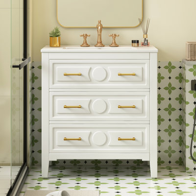 Wyoming 30'' Retro Style White Bathroom Vanity , With Adjustable Soft - Close Hinges, Board, And Solid Wood Frame Ceramic Sink, Gold Metal Handle, Ample Storage Drawers