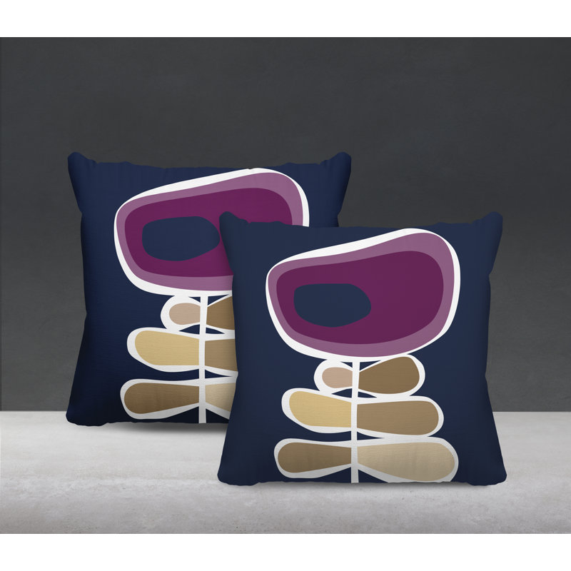 Floral and Abstract Outdoor Reversible Throw Pillow, 15W" x 15H", Purple/Navy Blue/Beige