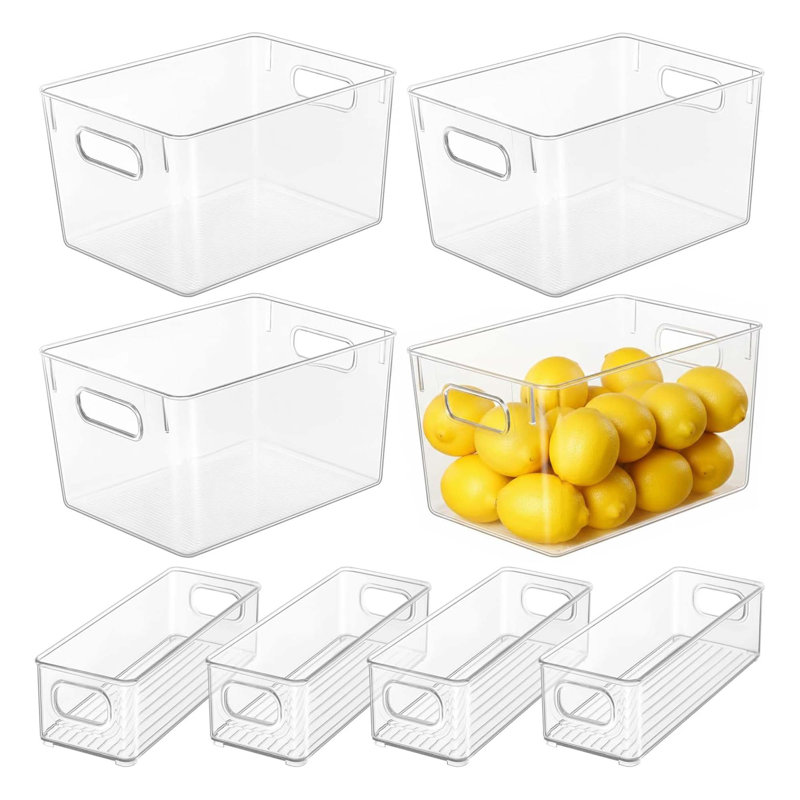 8 Set Clear Plastic Storage Bins, 4 Large, 4 Small Stackable Containers For Pantry And Kitchen Organization