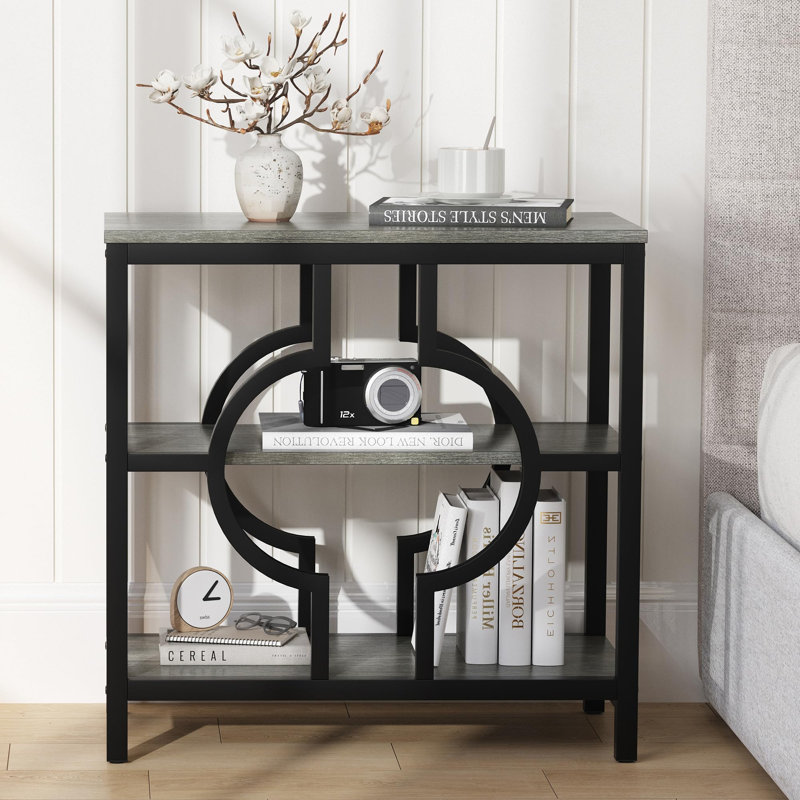 Narrow Industrial Side Table With 3-Tier Storage Shelves For Living Room, Gray
