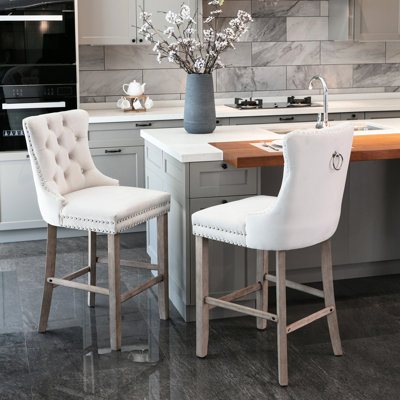 Chaises de bar luxueuses en velours à boutons avec pieds en bois, siège confortable, beige, de 2 élégantes, mousse en bois massif à haute élasticité, 2 beige pour l'ajout dans la salle à manger